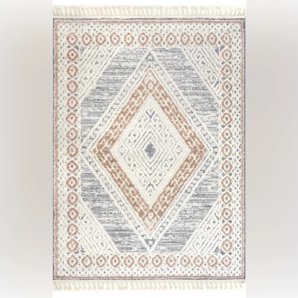 NEW West Elm White Cream Boho Tassel Geometric Shag Area Rug Carpet - 4' x 6'
